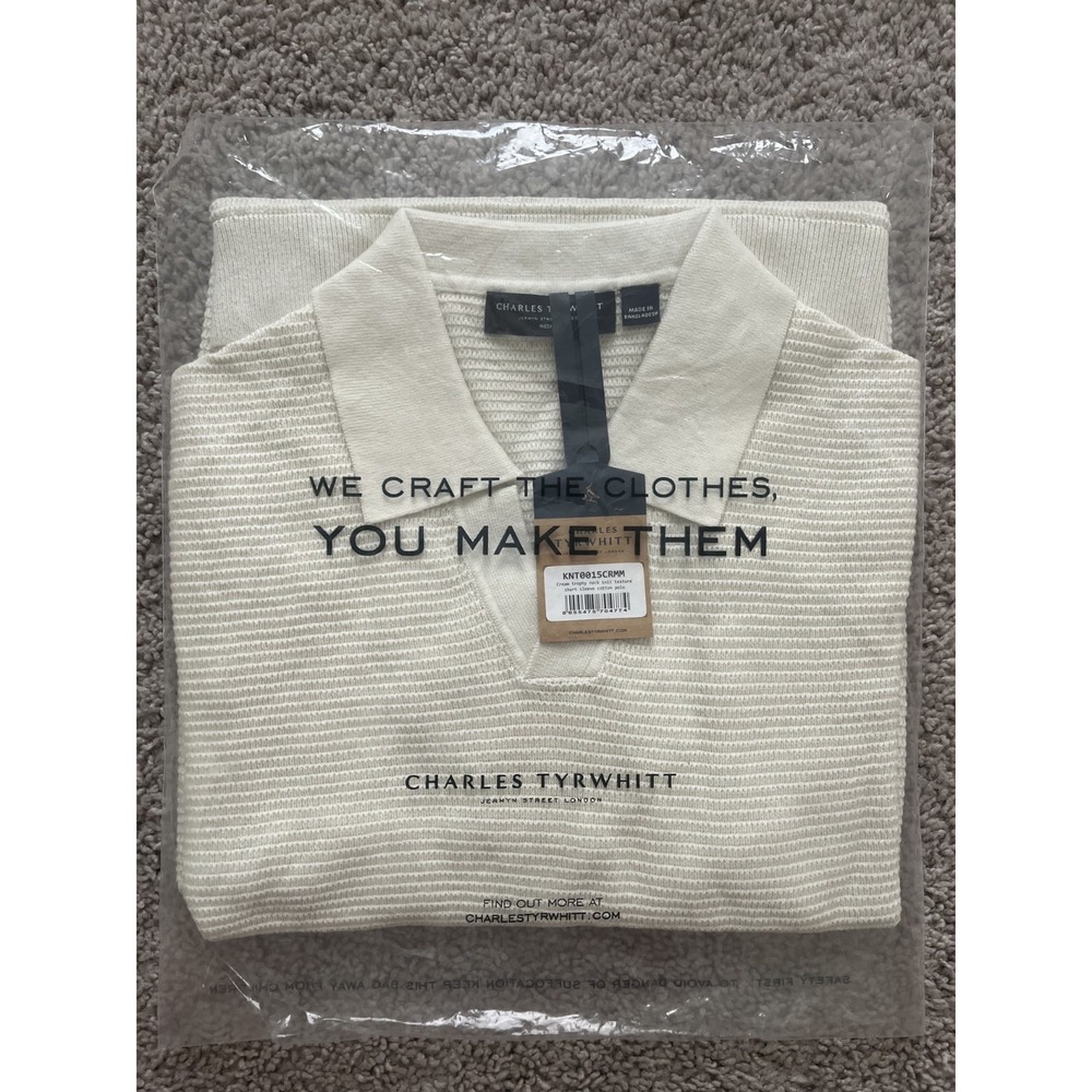 Charles Tyrwhitt Cream Trophy Neck Knit Texture Cotton Polo Mens Medium NWT - Picture 4 of 5